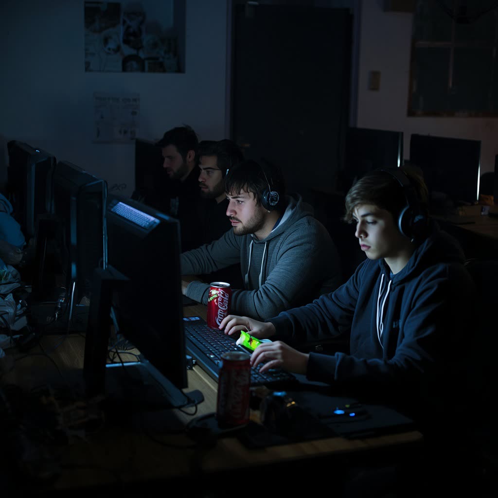 Players in silhouette along a dim gaming hall, lit only by monitor glow like a darkened theatre